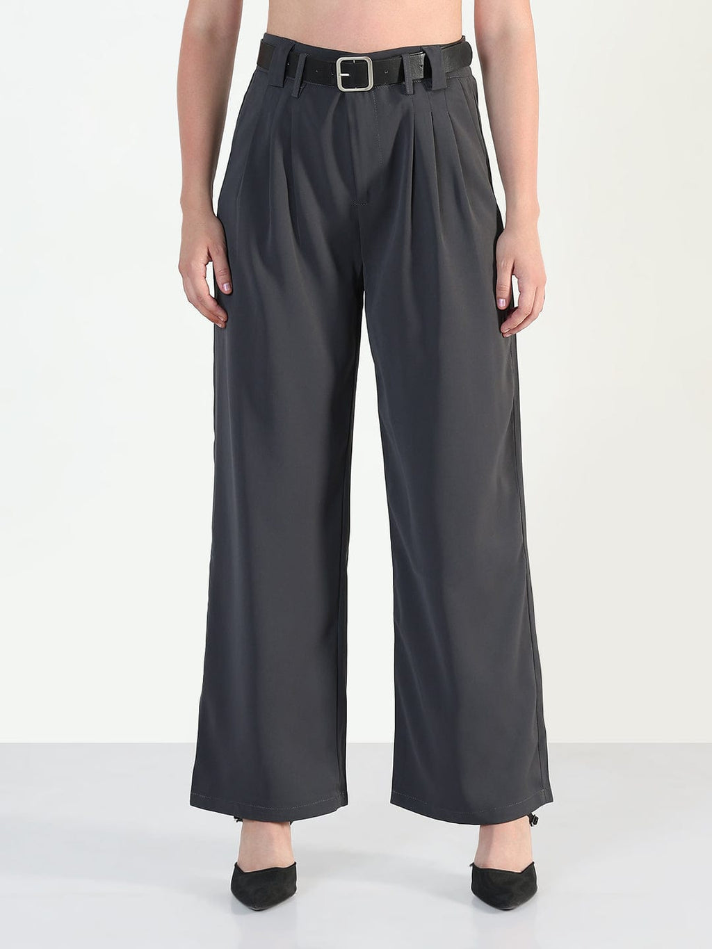 Women's Grey Straight Fit Trousers with Belt