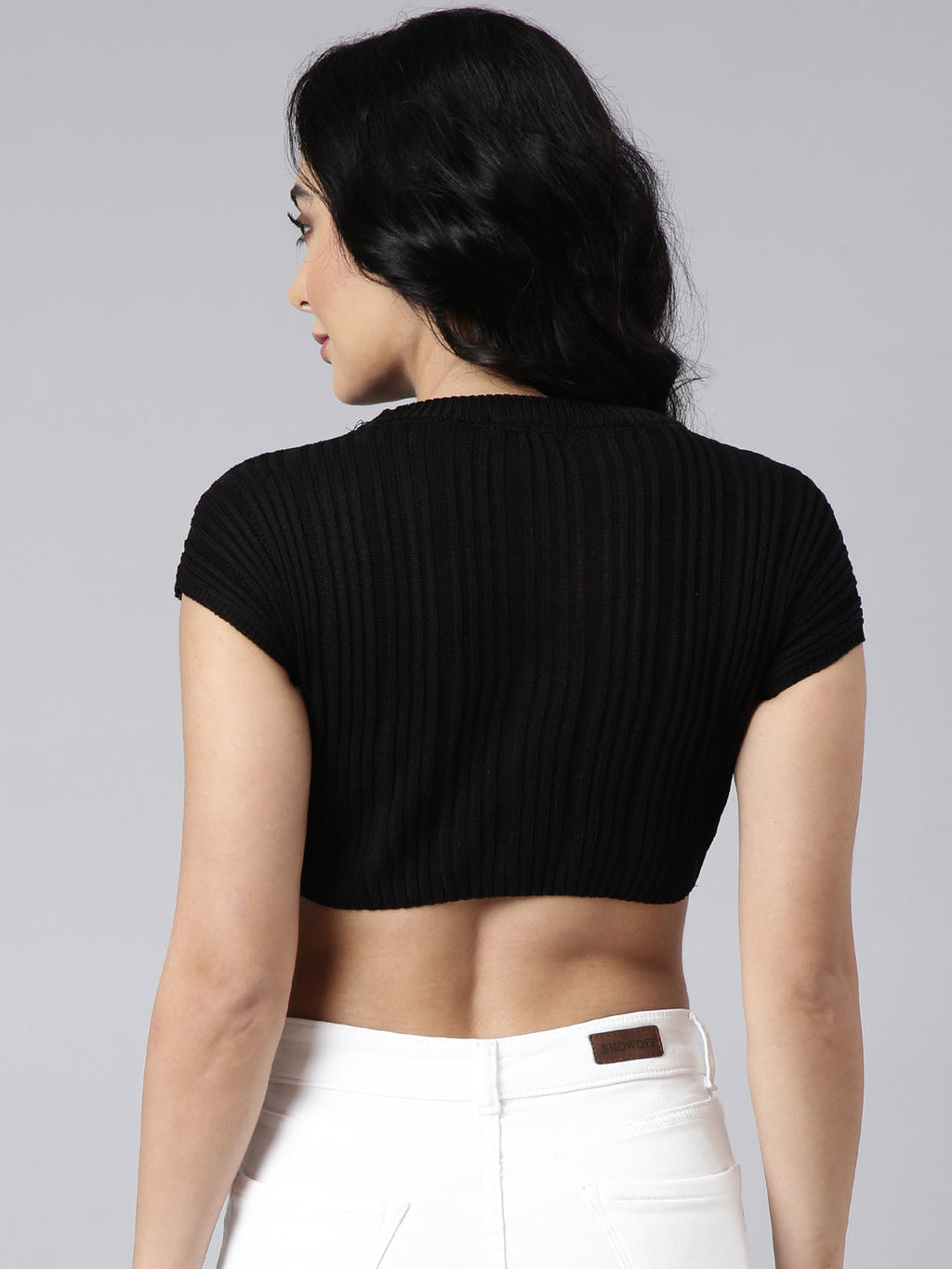 Women's Black Round Neck Crop Top