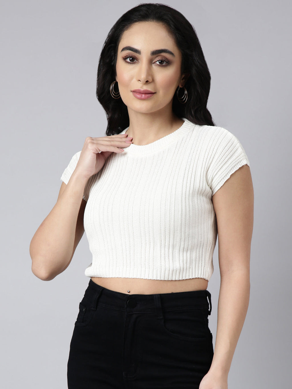 Women's Off White Self Design Fitted Crop Top