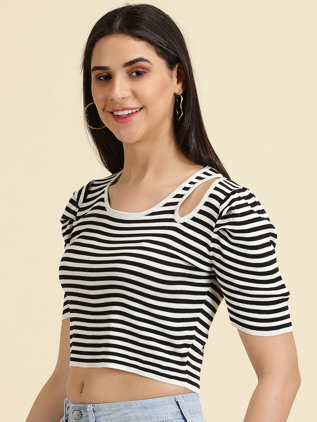Women's White Striped Puff Sleeves Crop Top