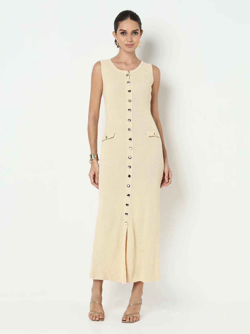 Women’s Beige Sleeveless Button-Down Maxi Dress with Front Slit