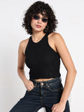 Women's Textured Black Ribbed Halter Crop Top