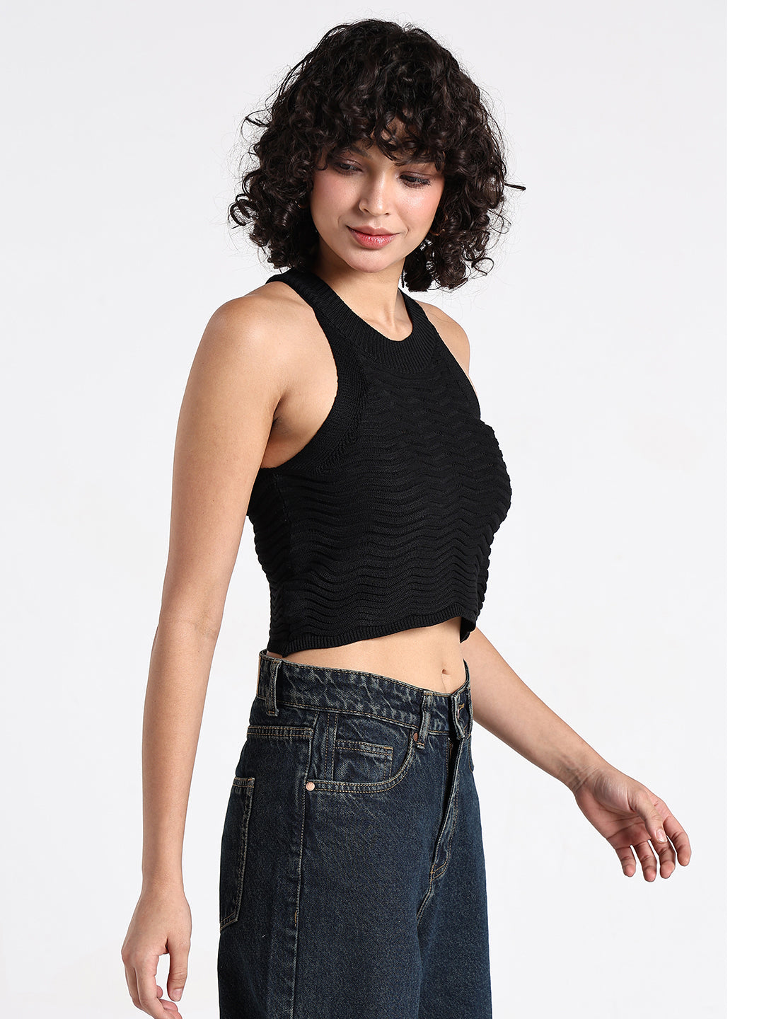 Women's Textured Black Ribbed Halter Crop Top