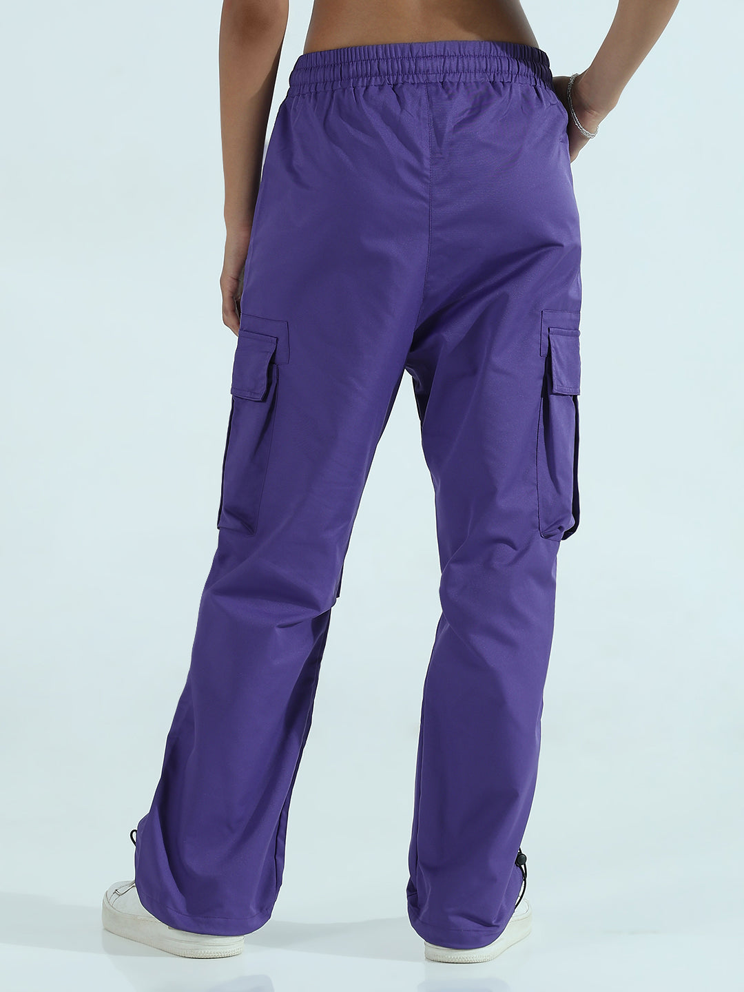 Women's Purple Solid Loose Fit Cargos Trouser