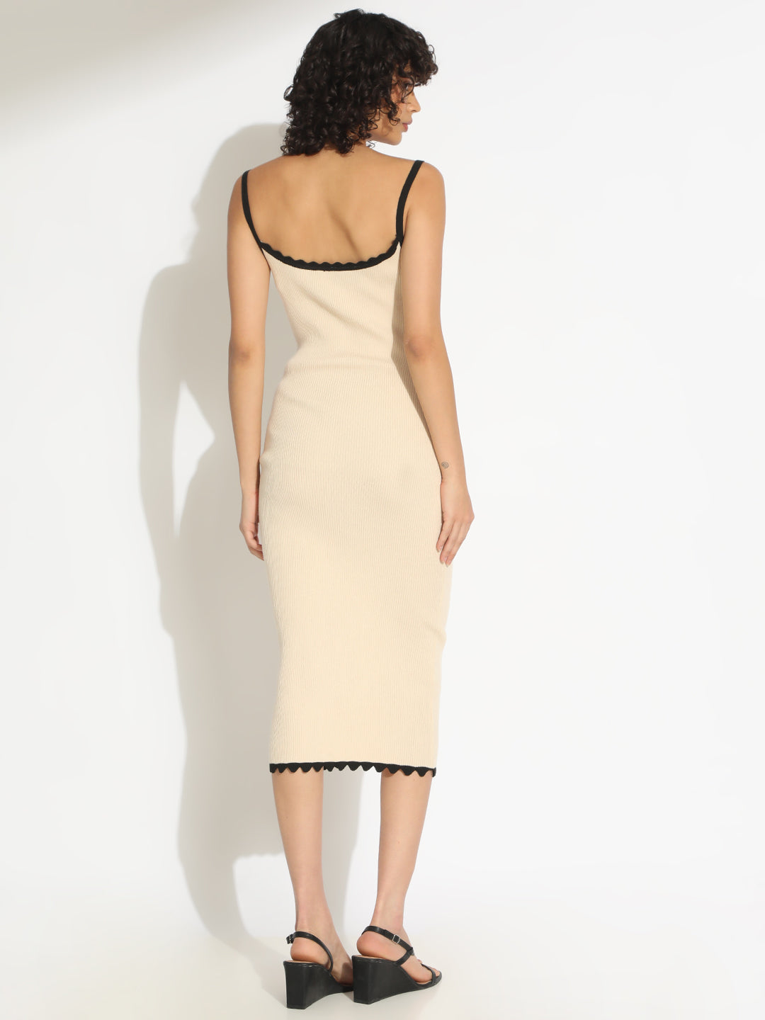 Women's Ribbed Cream Bodycon Sleeveless Dress with Trim Detail