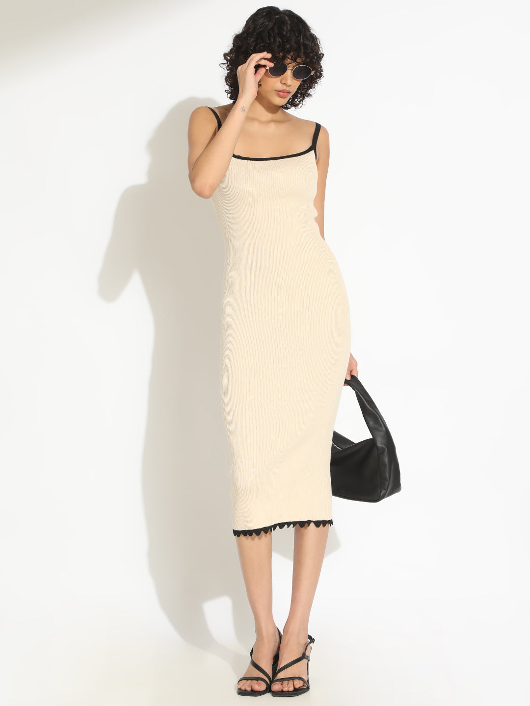 Women's Ribbed Cream Bodycon Sleeveless Dress with Trim Detail