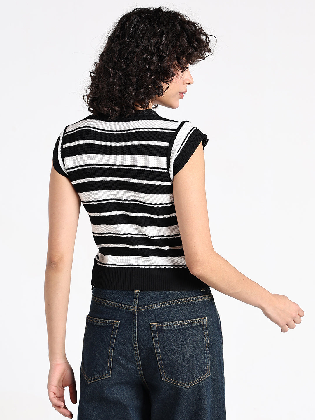 Women's Striped Black Ribbed Fitted Top