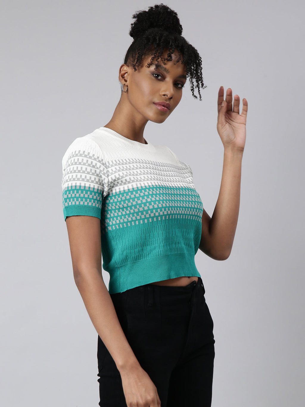 Women's Turquoise Blue Geometric Fitted Top