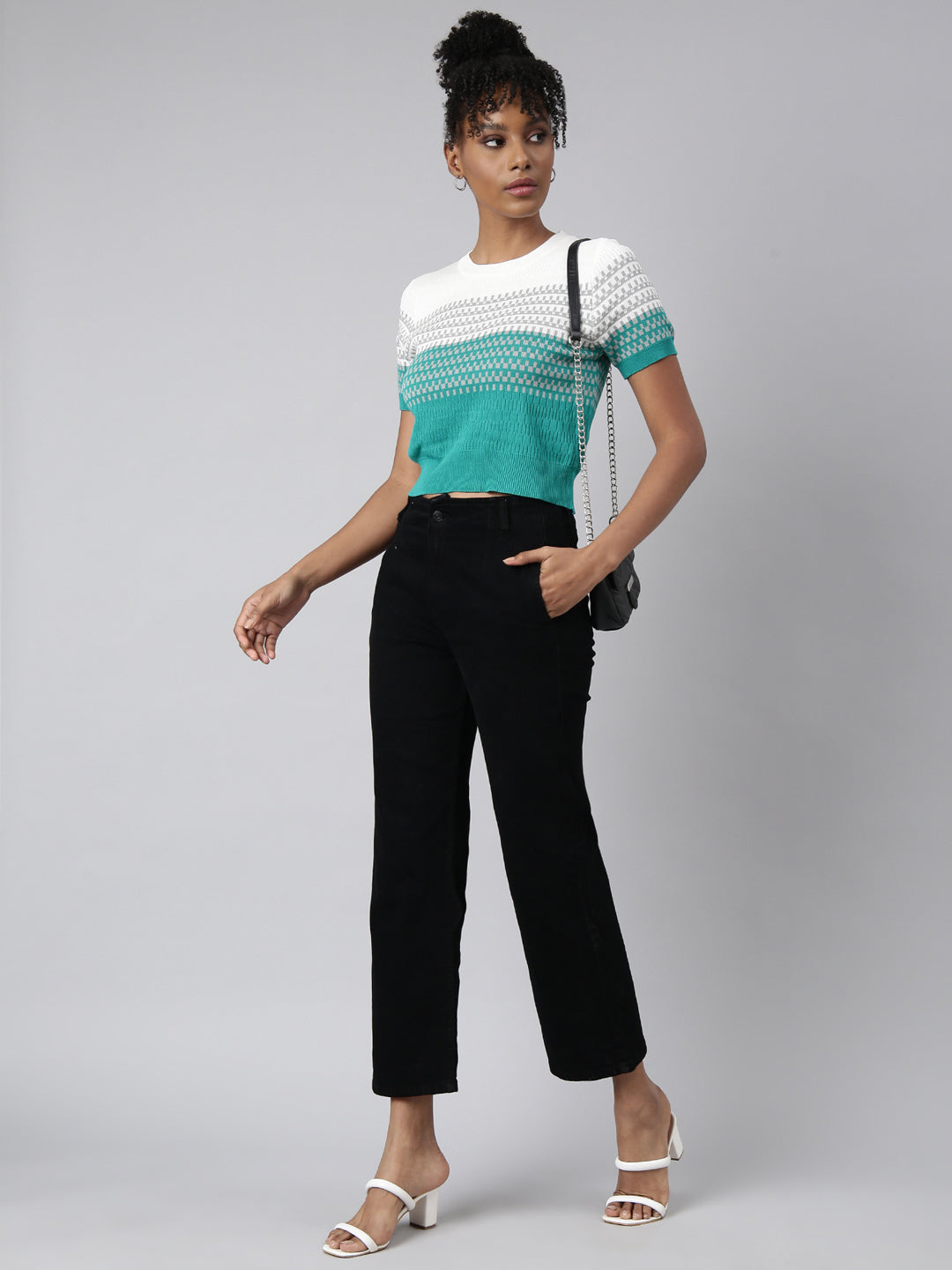 Women's Turquoise Blue Geometric Fitted Top