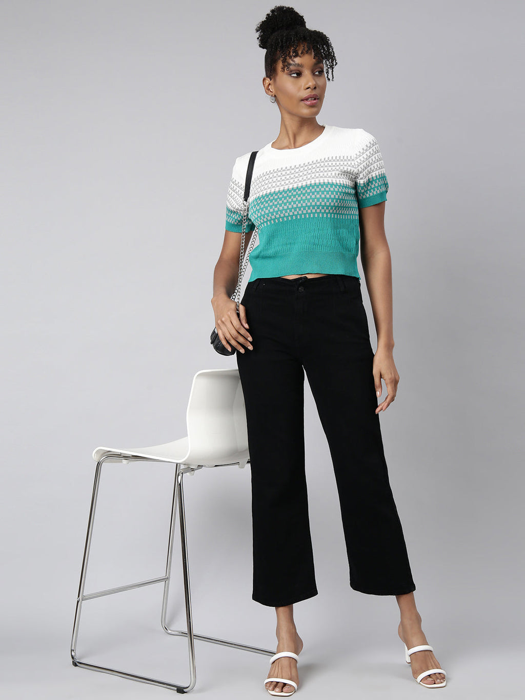 Women's Turquoise Blue Geometric Fitted Top