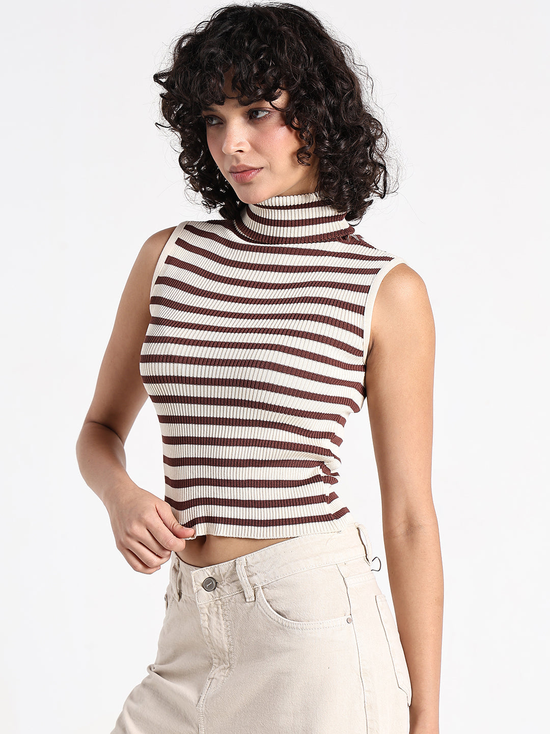Women's Striped Cream Sleeveless Turtleneck Top
