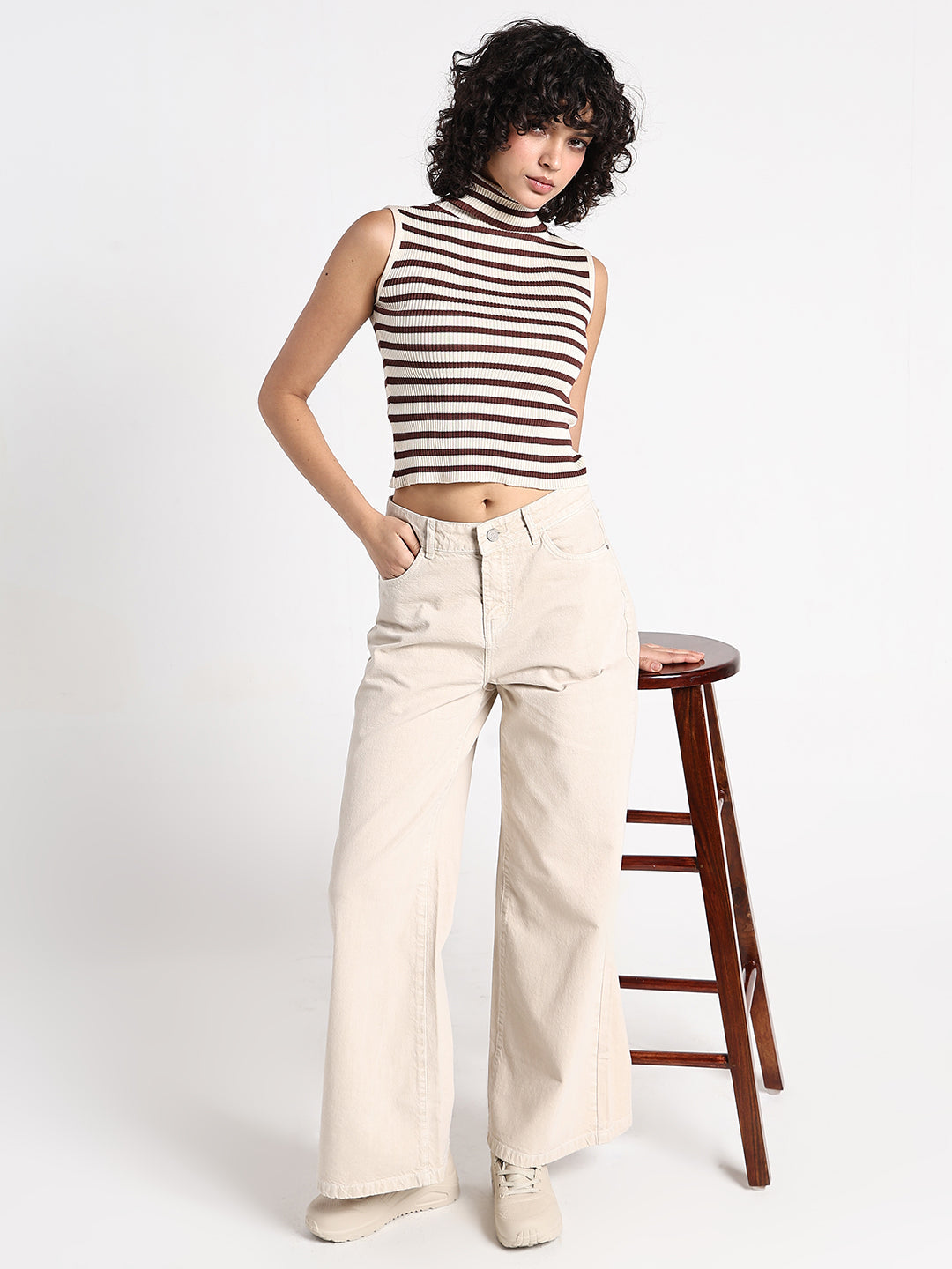 Women's Striped Cream Sleeveless Turtleneck Top