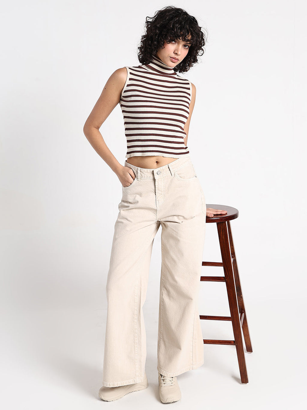 Women's Striped Cream Sleeveless Turtleneck Top