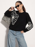 Women's Floral Embroidered Black Round Neck Knit Pullover Top