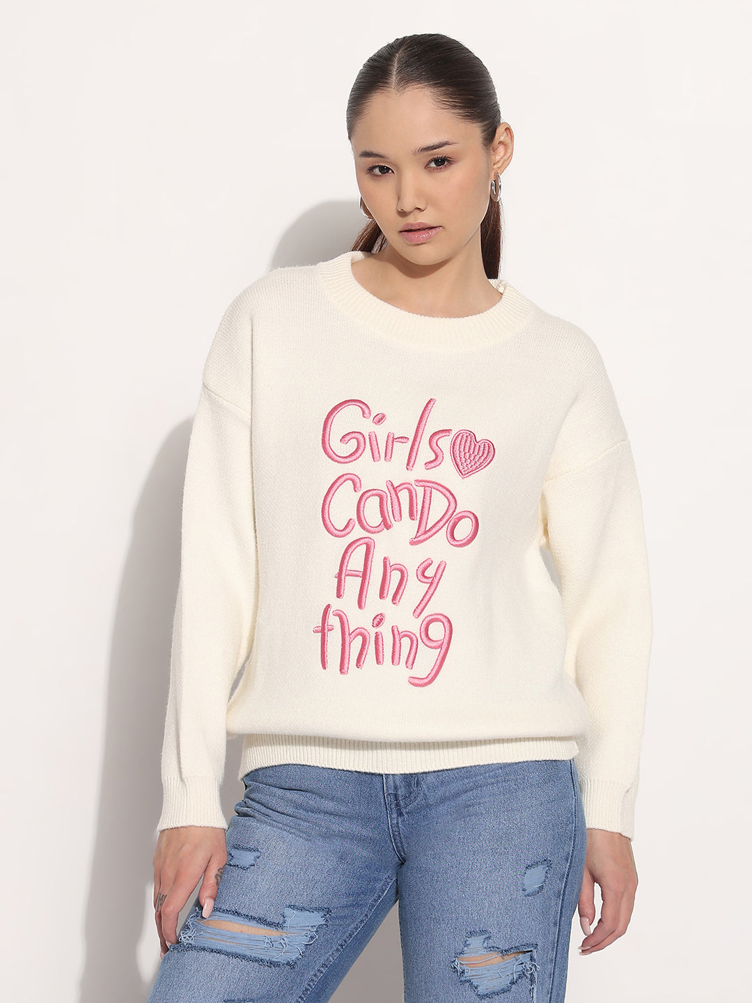 Women's Embroidered Cream Round Neck Knitted Pullover Top