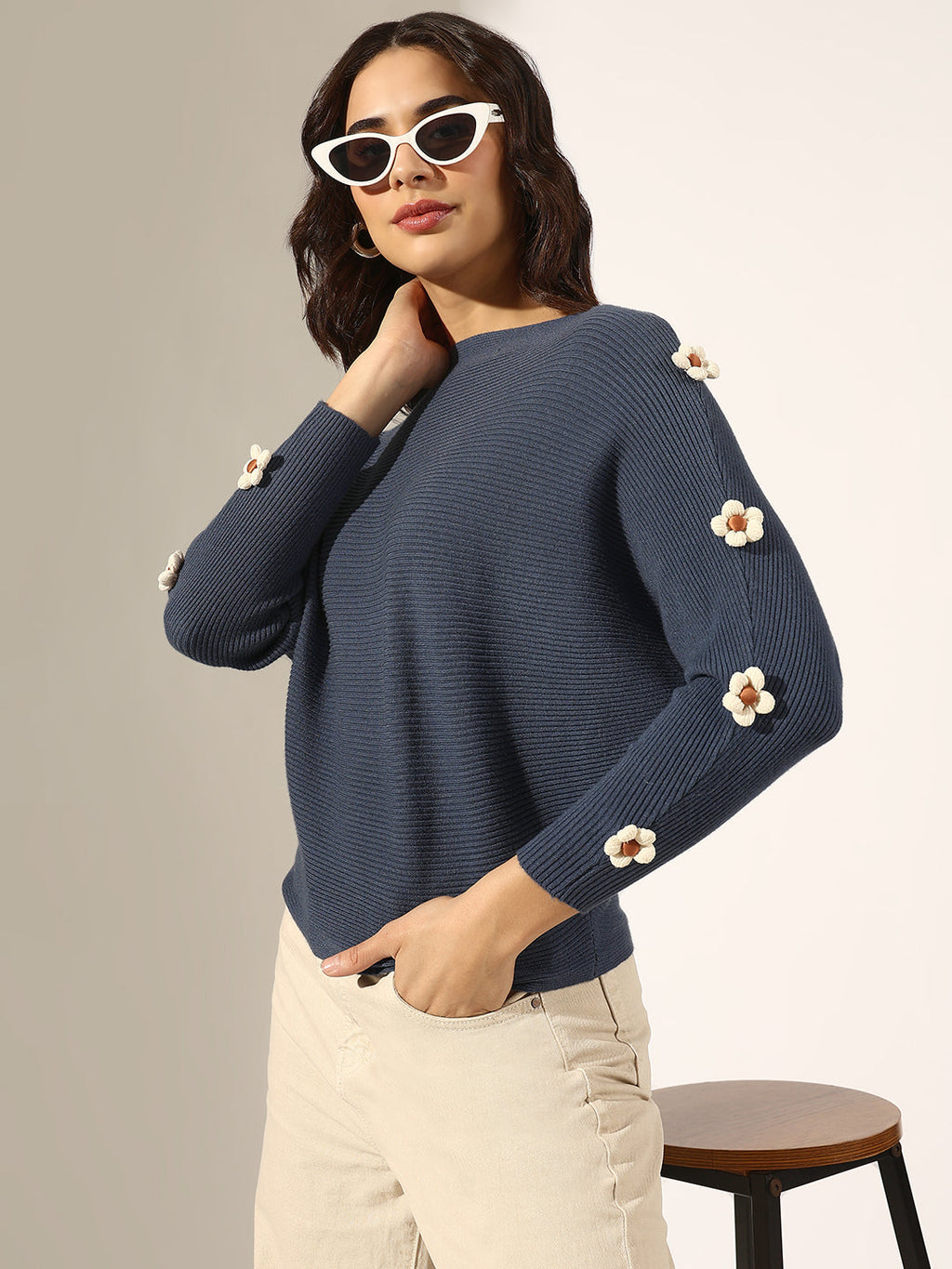 Women's Ribbed Blue Flower Applique Knit Batwing Top