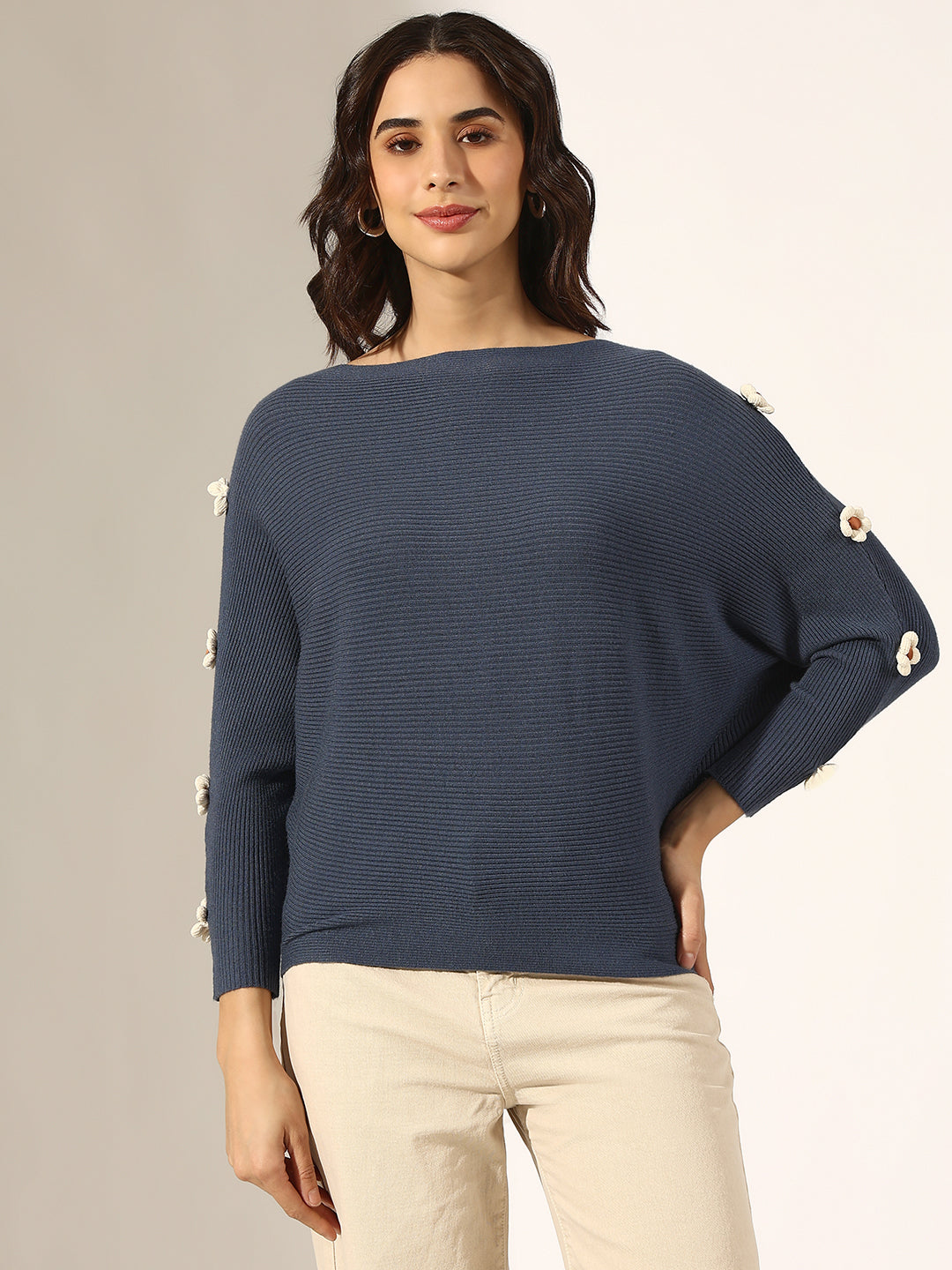 Women's Ribbed Blue Flower Applique Knit Batwing Top