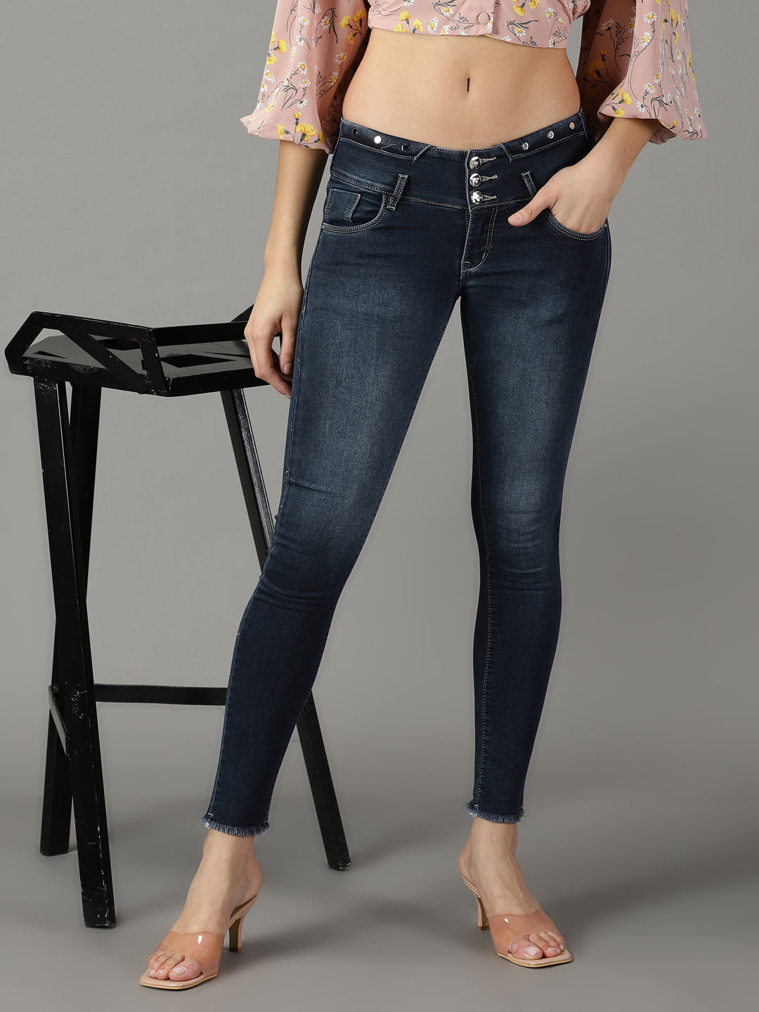 Women's Navy Blue Skinny Fit High-Rise Light Fade Acid Wash Stretchable Jeans