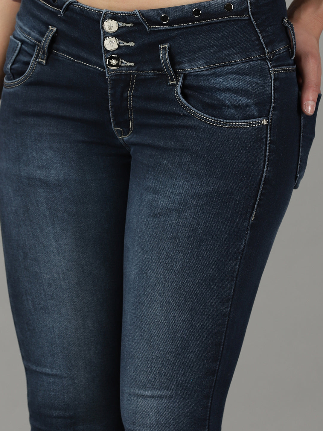 Women's Navy Blue Skinny Fit High-Rise Light Fade Acid Wash Stretchable Jeans