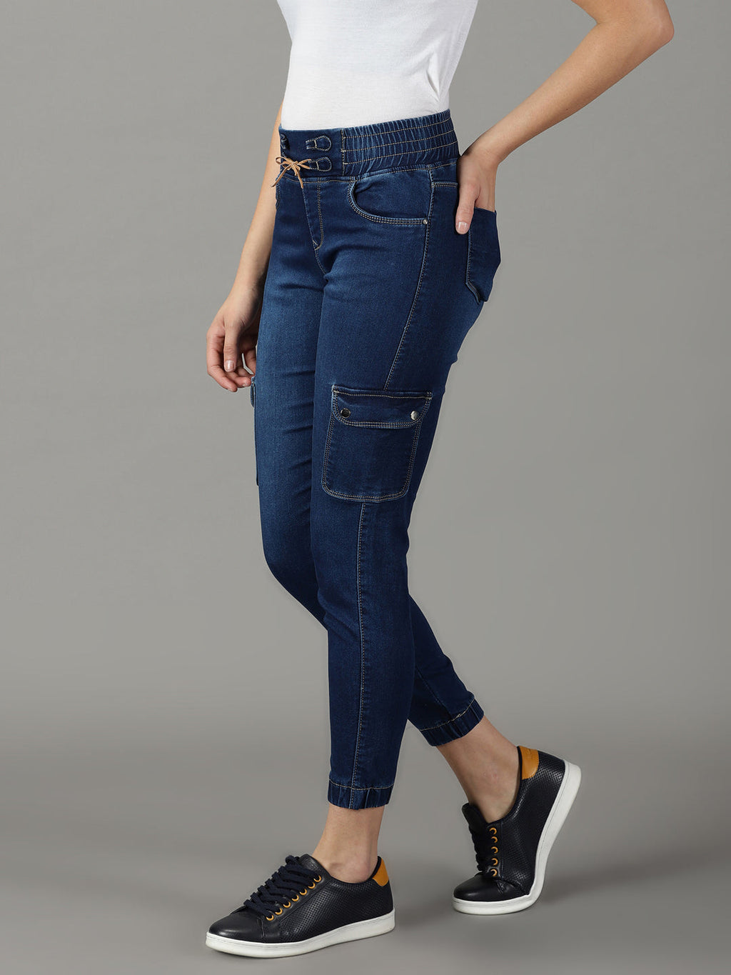 Women's Navy Blue Jogger High-Rise Light Fade Acid Wash Stretchable Cotton Jeans