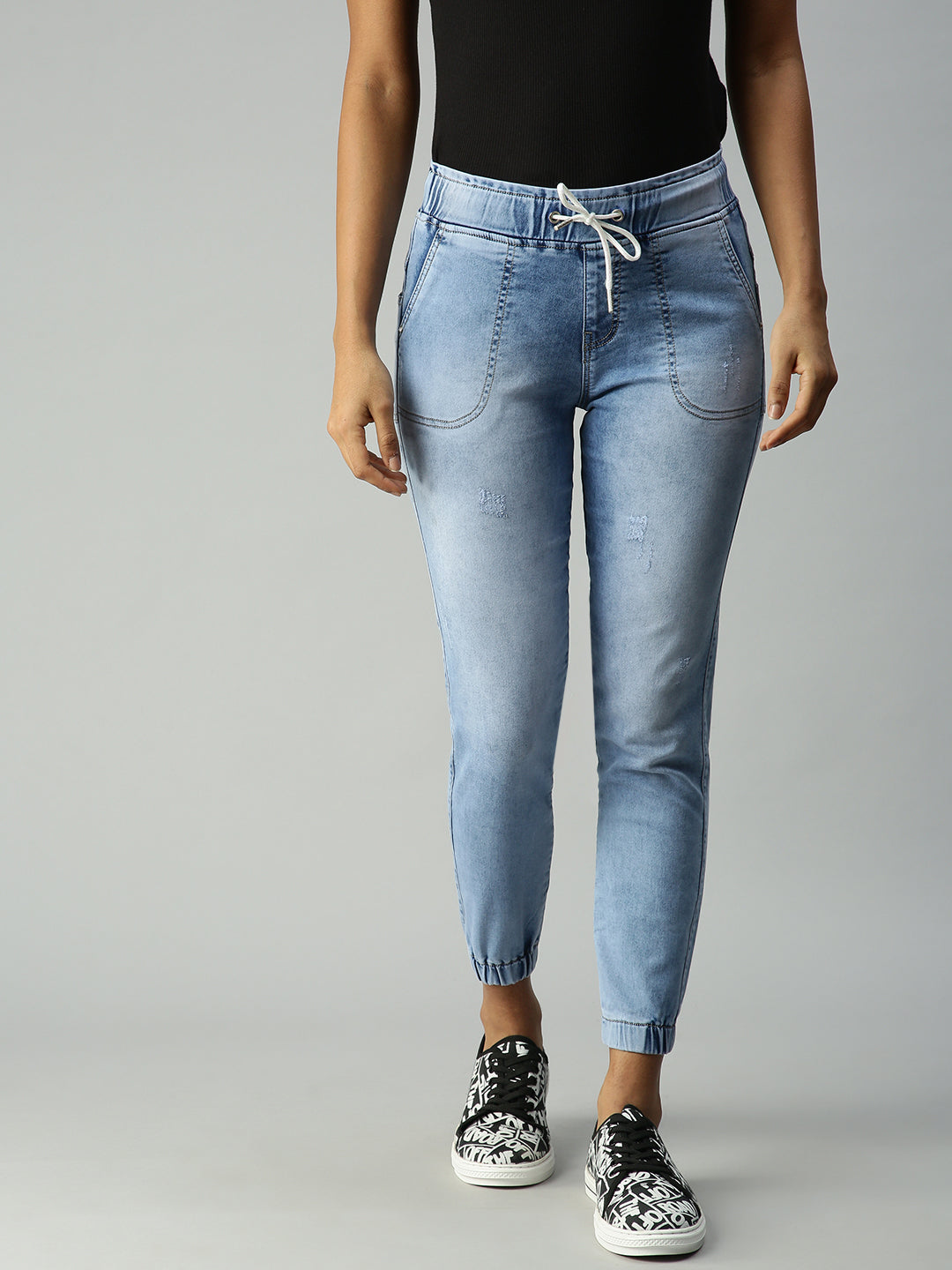 Women's Blue Jean Jogger High-Rise Heavy Fade Stretchable Jeans