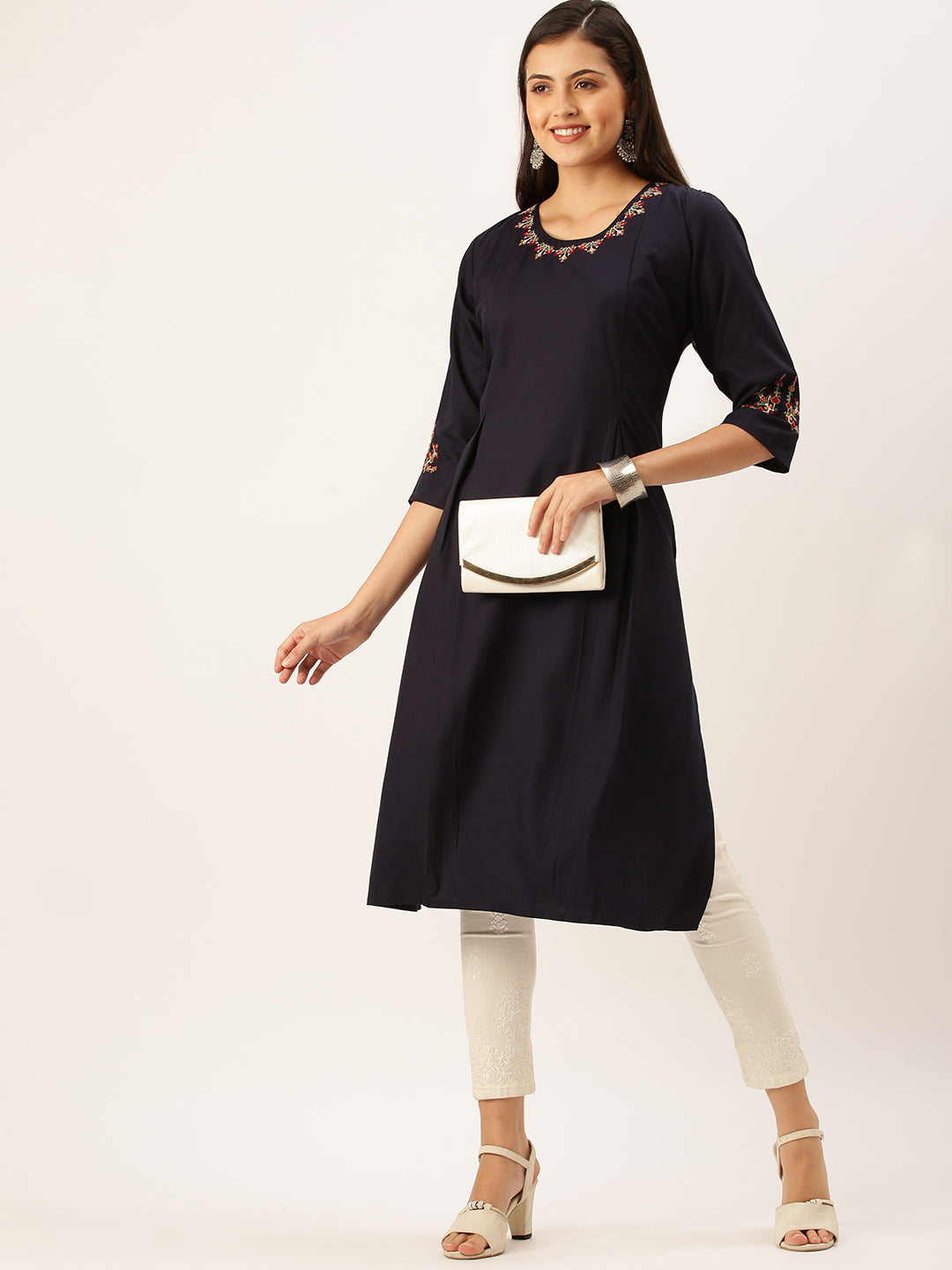 Women's Embroidered Navy Blue Straight Kurta