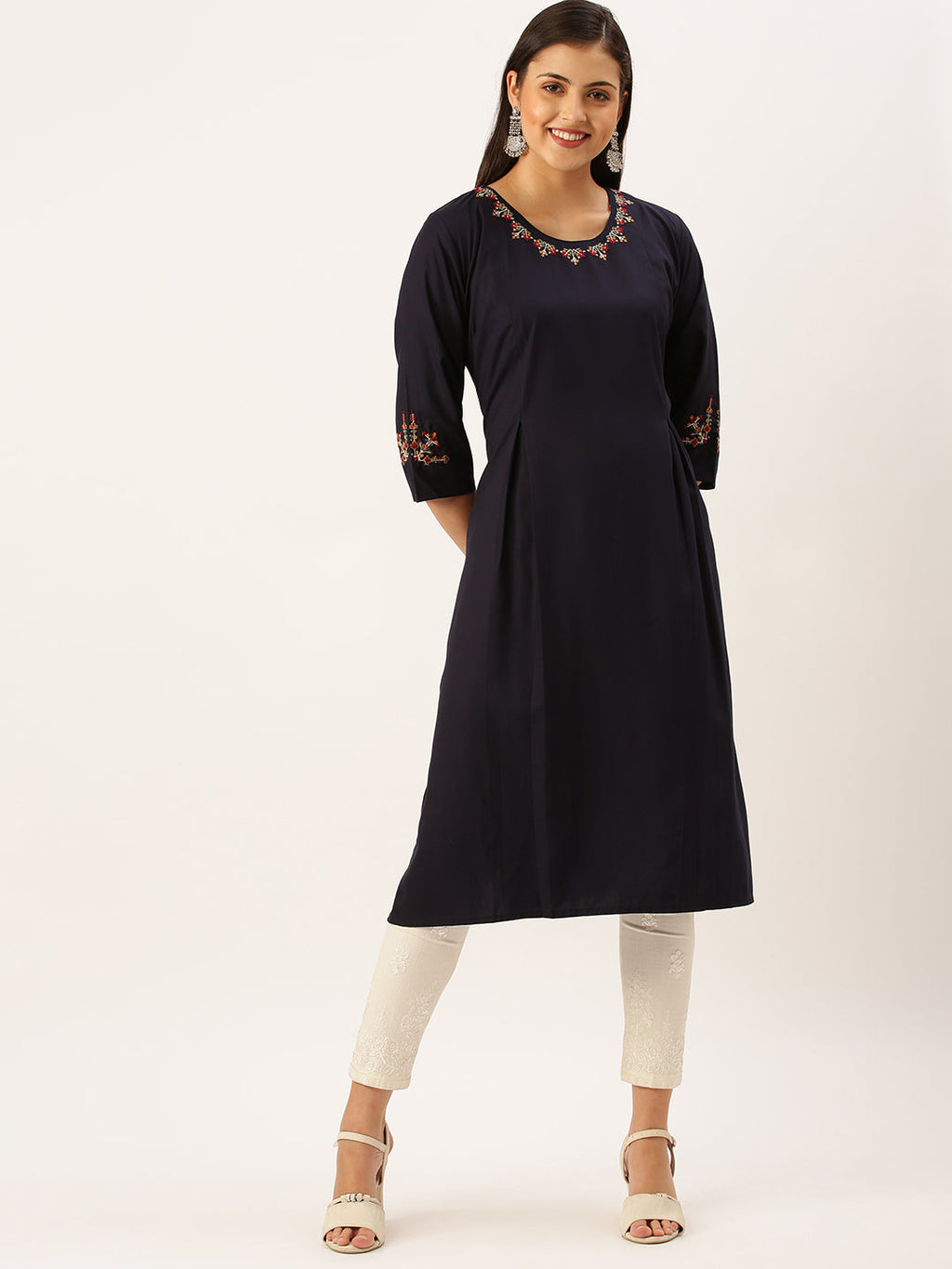 Women's Embroidered Navy Blue Straight Kurta