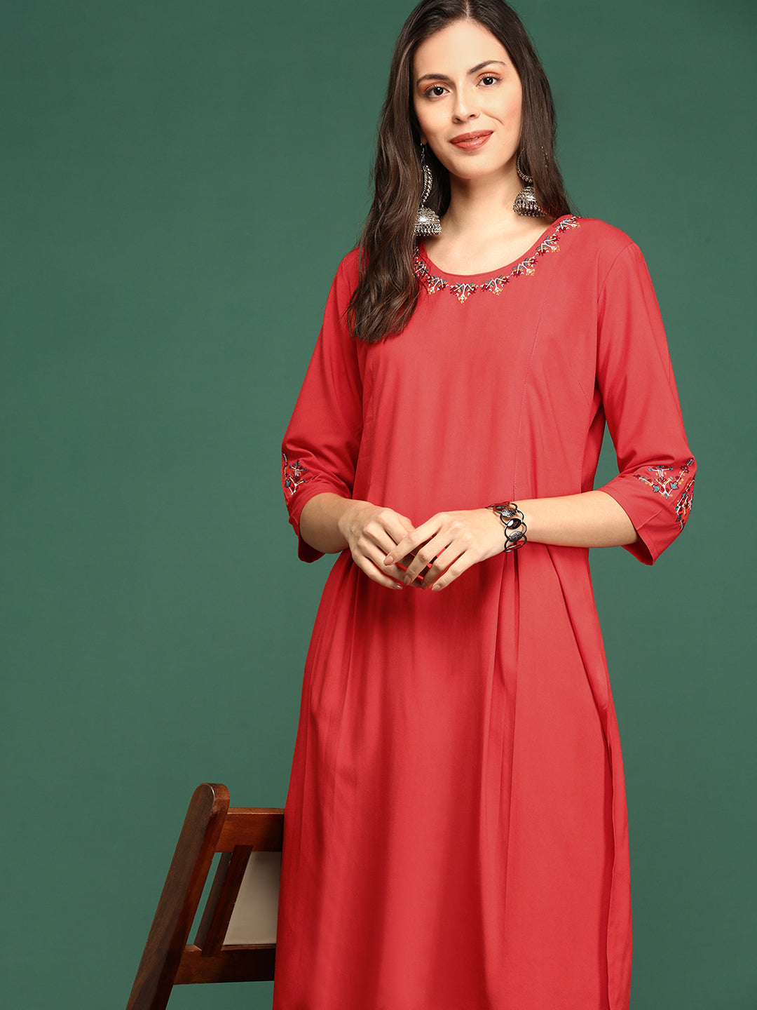 Women's Embroidered Red Straight Kurta