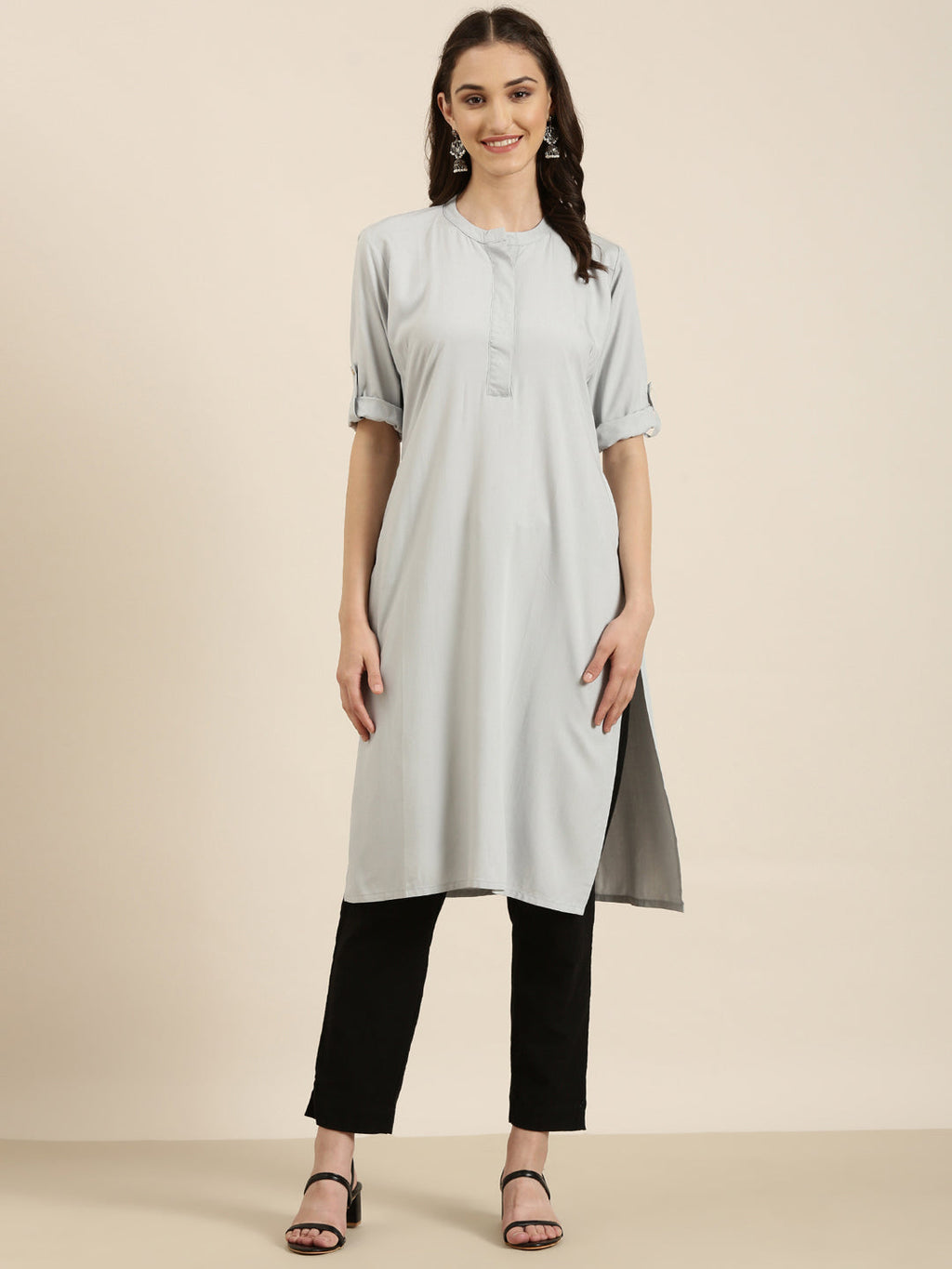 Women's Grey Solid Straight Kurta