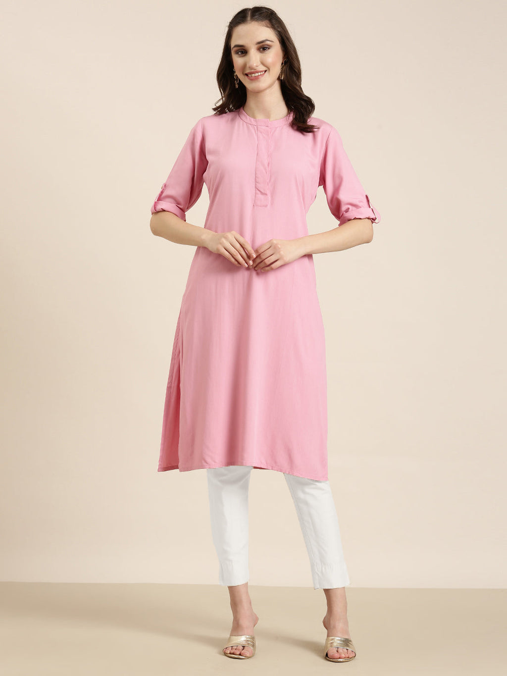 Women's Pink Mandarin Collar A-Line Kurta