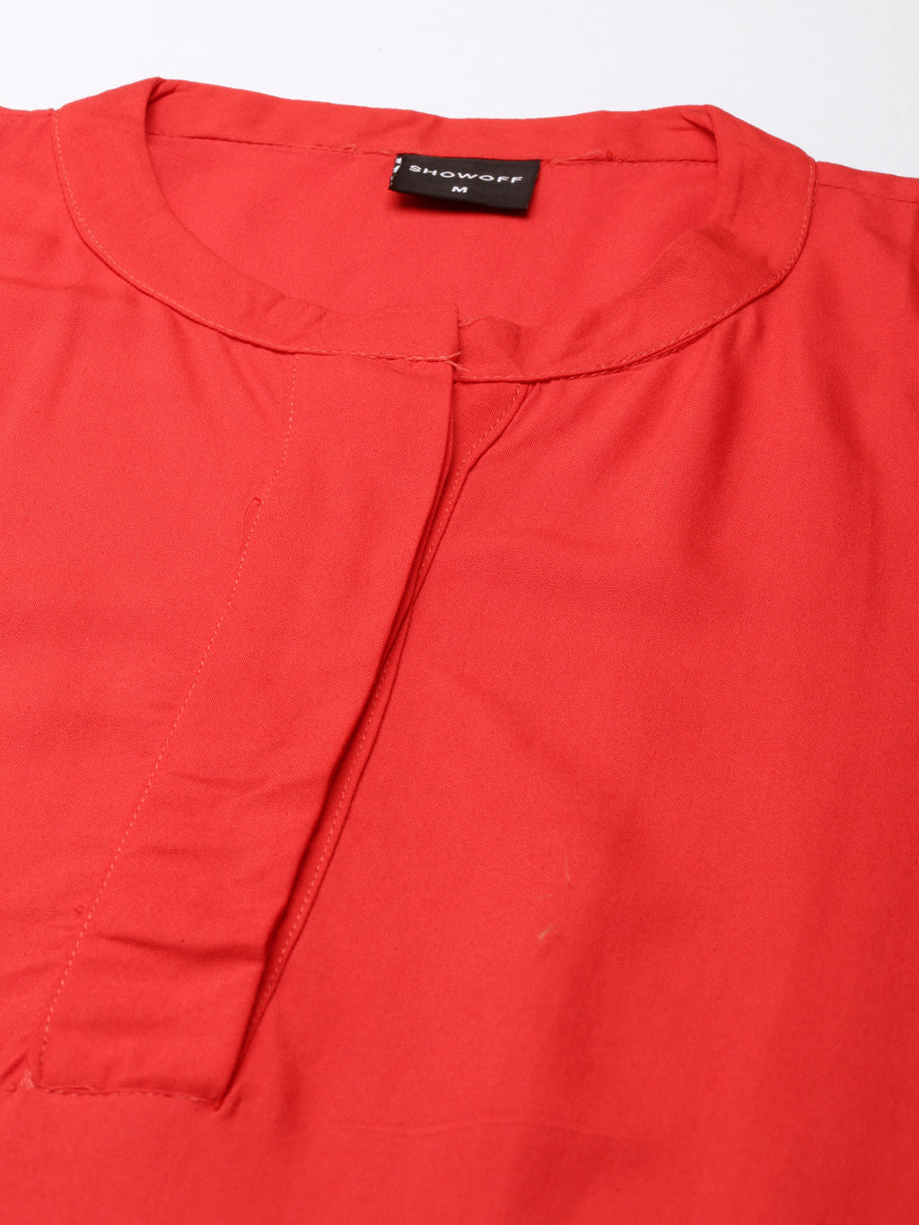 Women's Red Mandarin Collar Roll-Up Sleeves Kurta