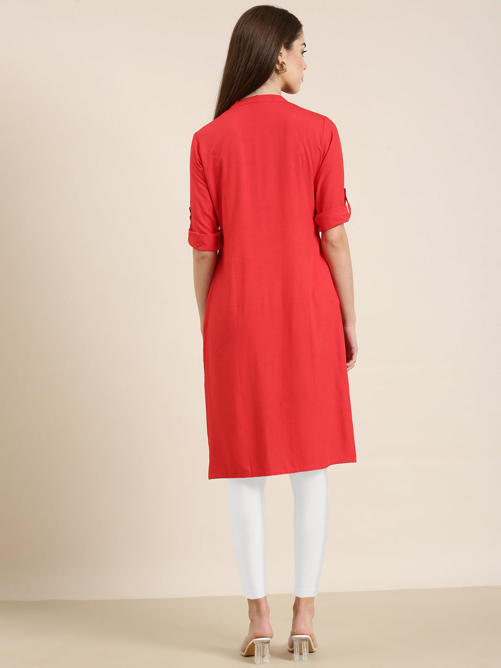 Women's Red Mandarin Collar Roll-Up Sleeves Kurta