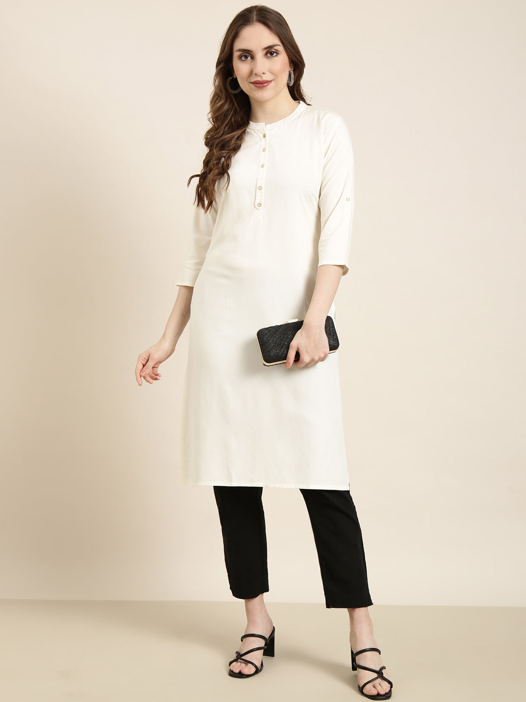 Women's Straight Cream Solid Kurta