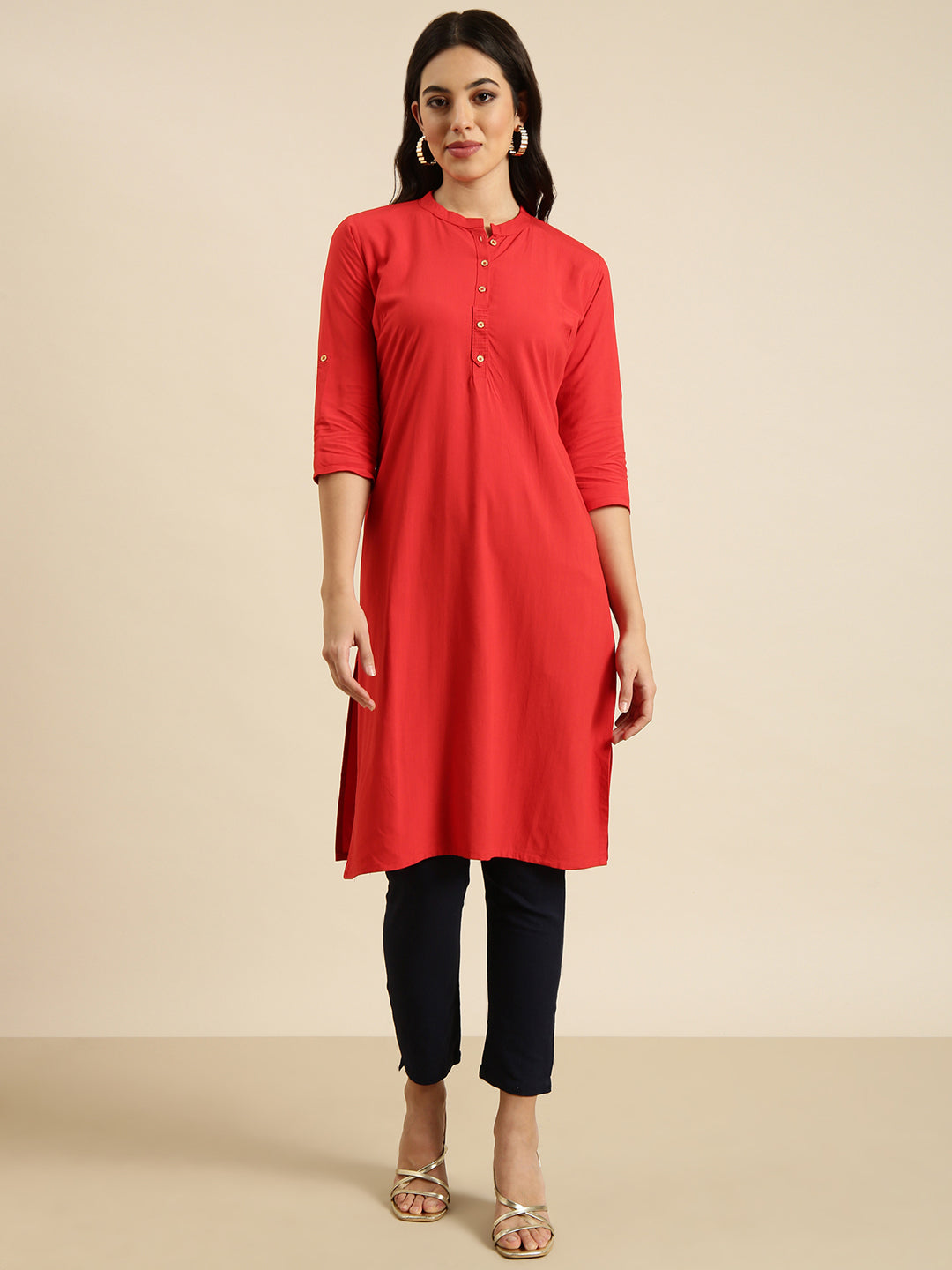 Women's Straight Red Solid Kurta