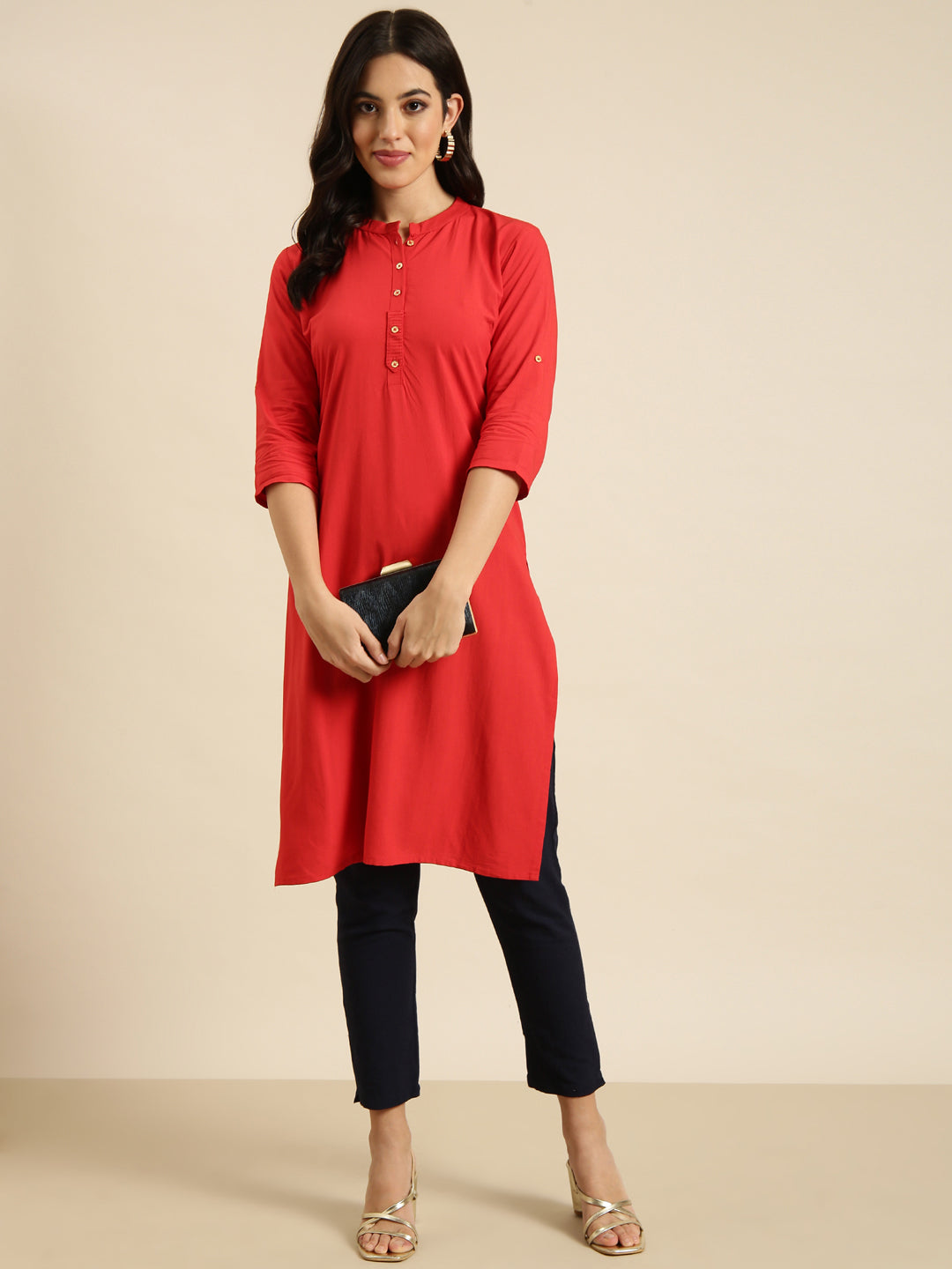 Women's Straight Red Solid Kurta