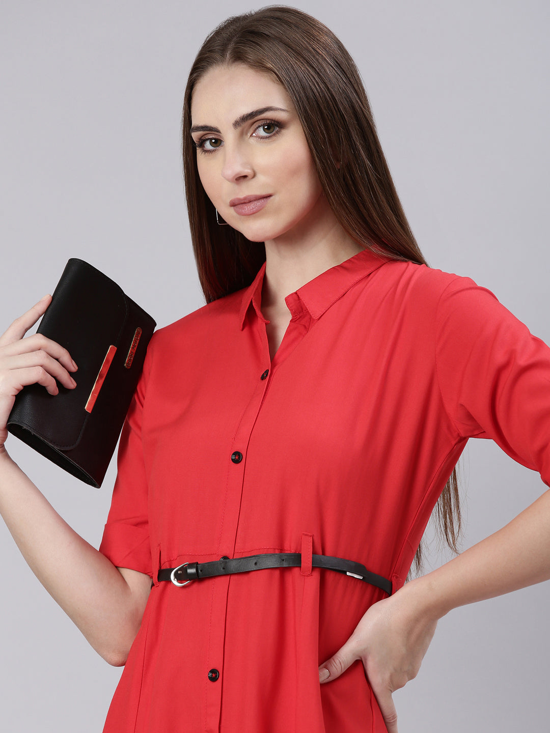 Women's Red Shirt Collar A-Line Dress