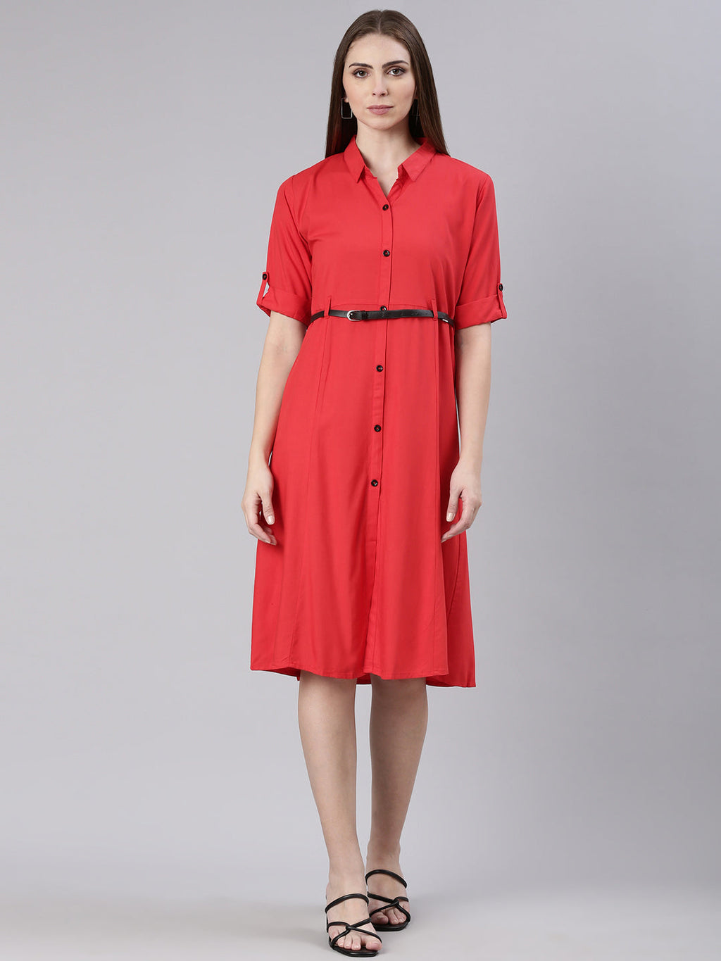 Women's Red Shirt Collar A-Line Dress
