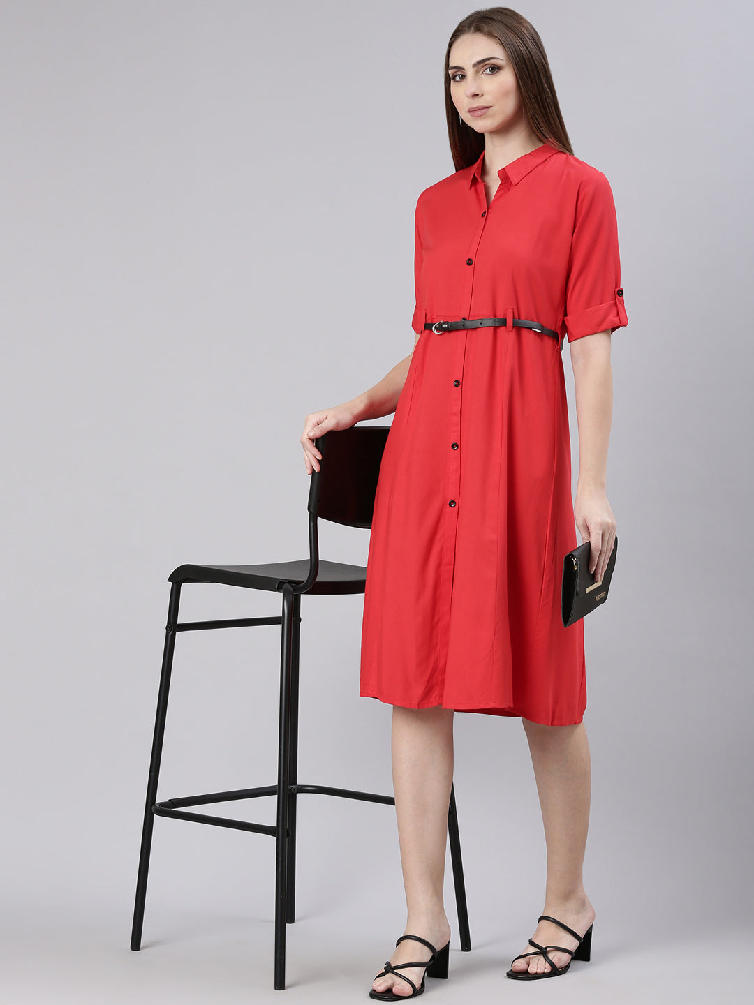Women's Red Shirt Collar A-Line Dress