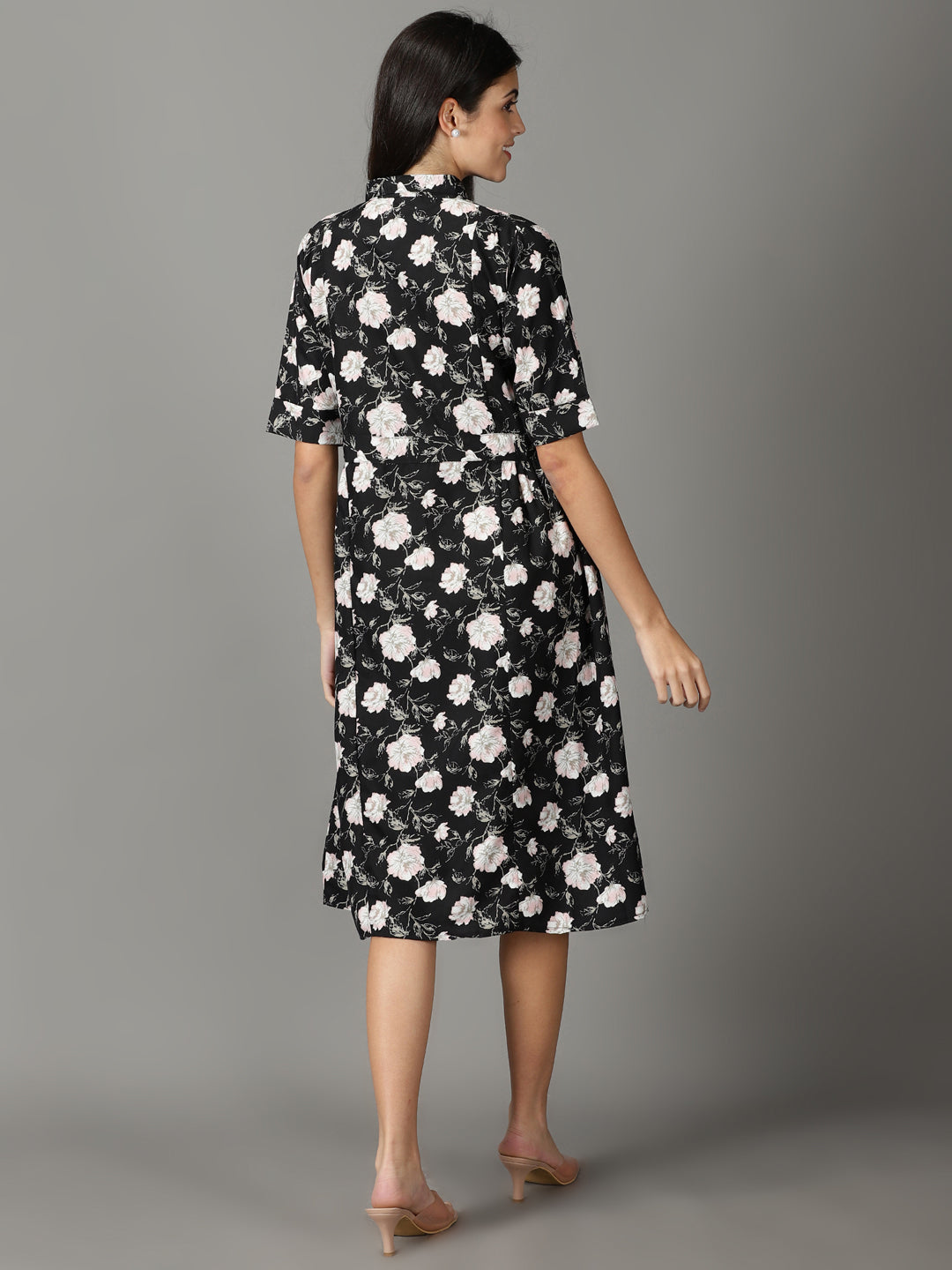 Women's Black Shirt Collar Floral Printed Fit & Flare Crepe Dress