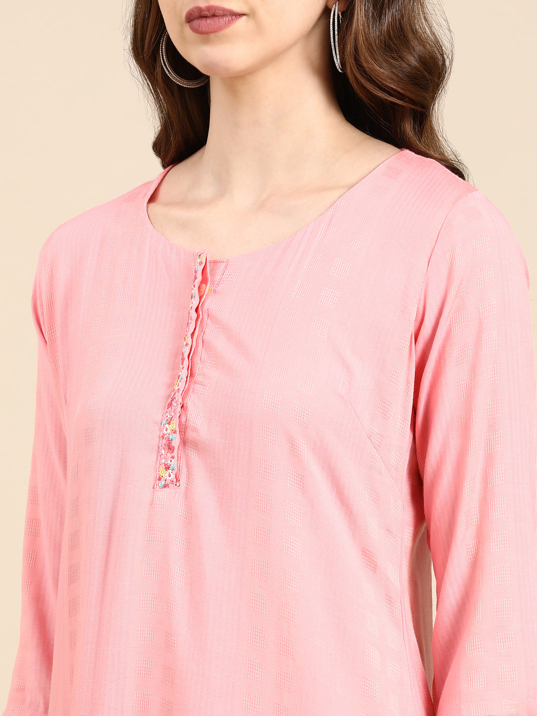 Women's Pink Woven Design Straight Kurta