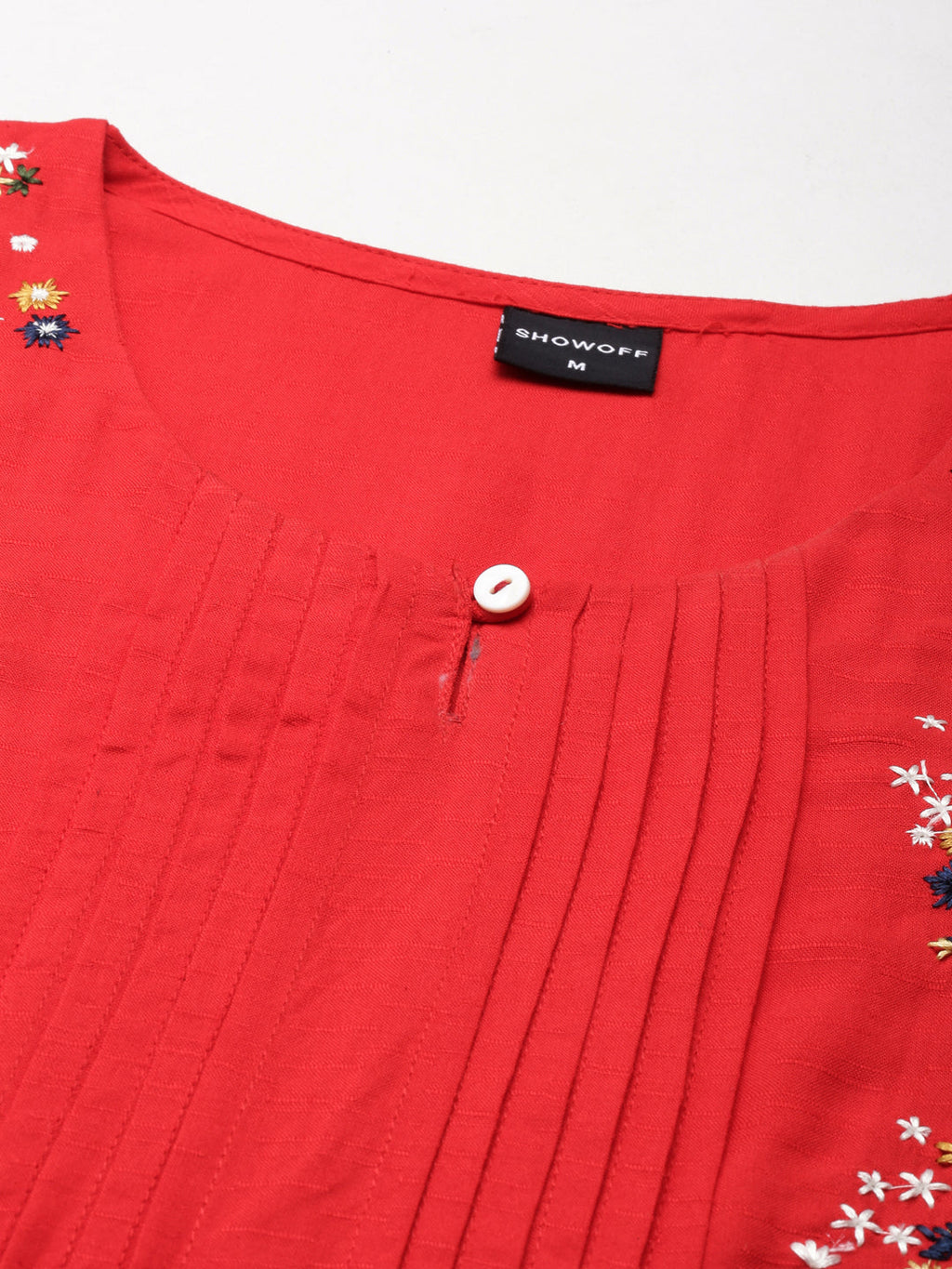 Women's Red Floral Embroidered Thread Work Straight Kurta