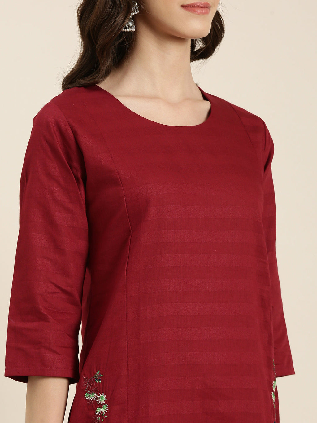 Women's Maroon Thread Work Straight Kurta
