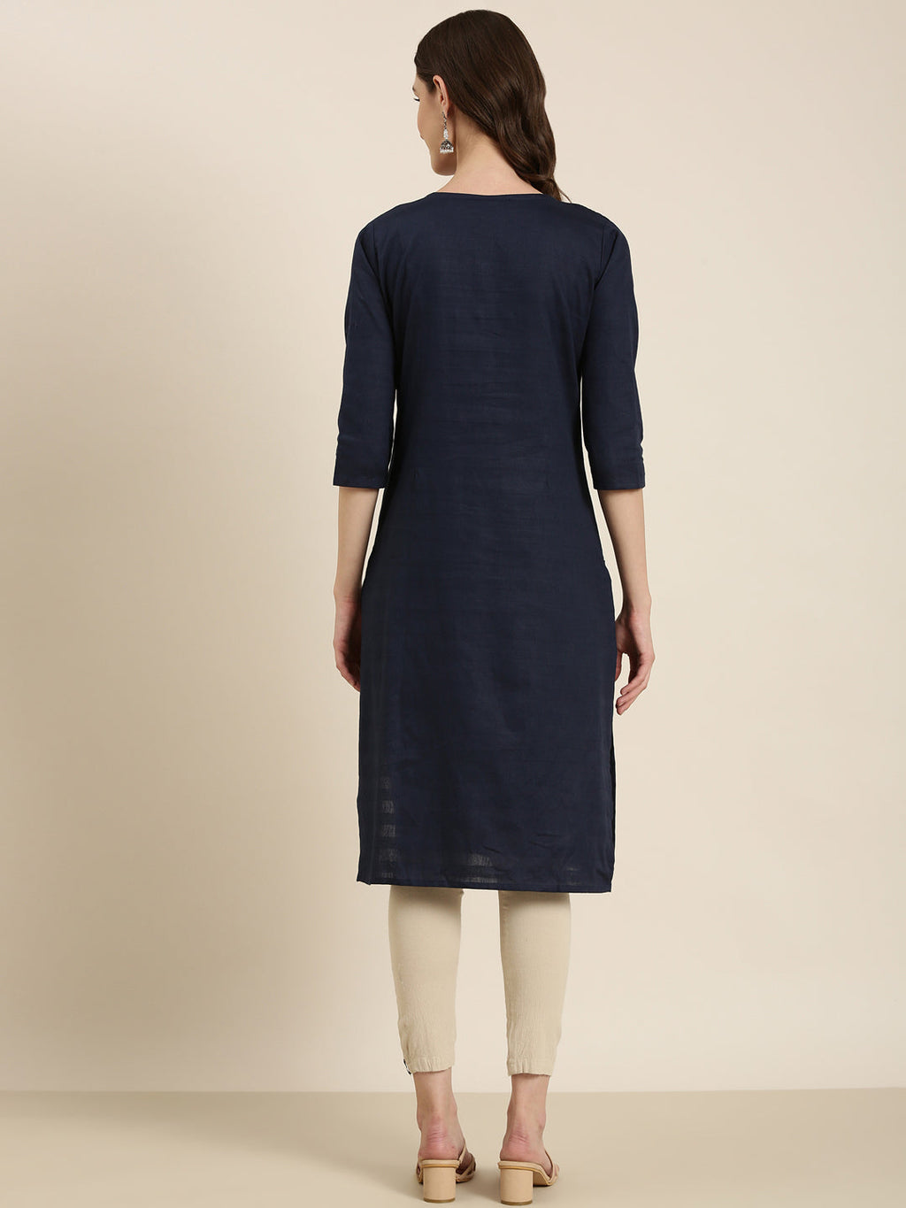 Women's Navy Blue Floral Embroidered Straight Kurta