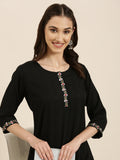Women's Black Striped Thread Work Straight Kurta