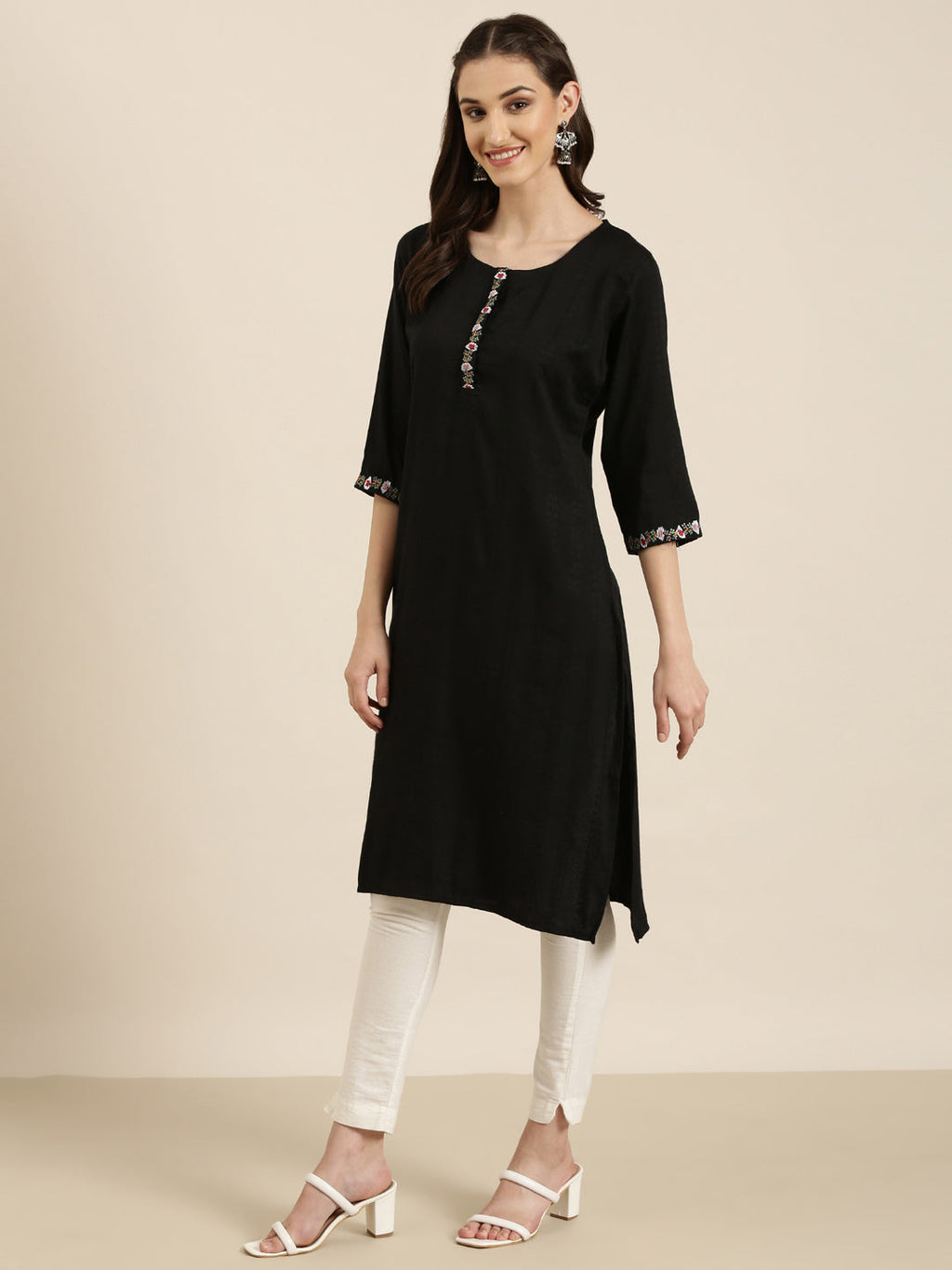 Women's Black Striped Thread Work Straight Kurta