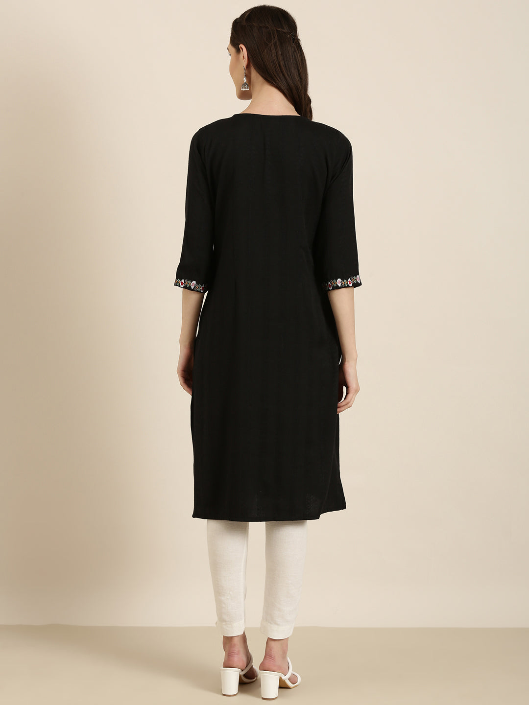Women's Black Striped Thread Work Straight Kurta
