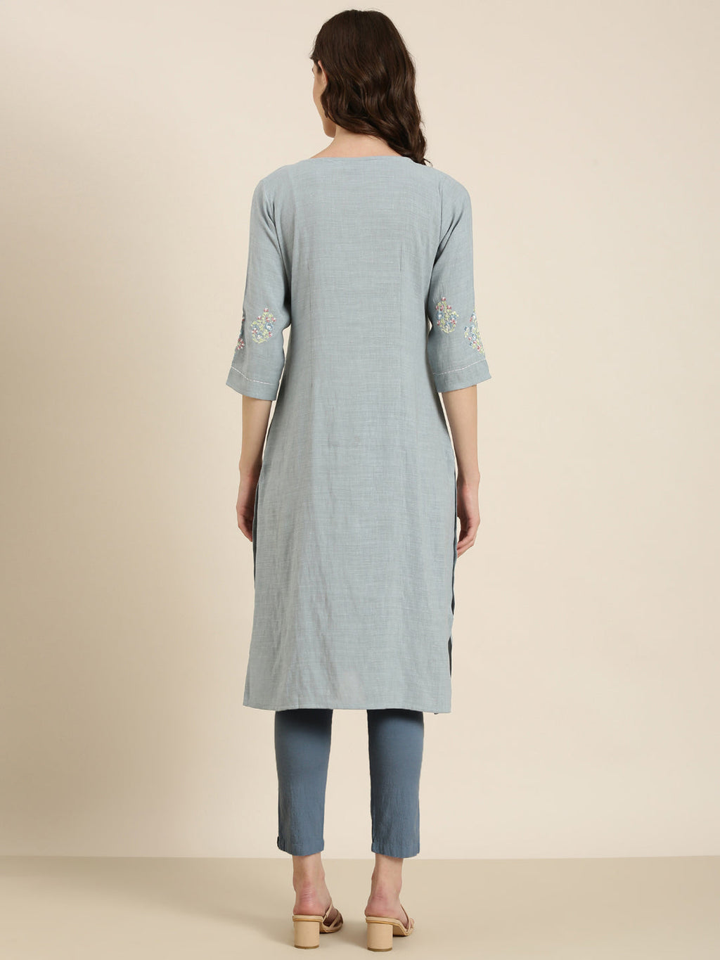 Women's Blue Round Neck Cotton Straight Kurta