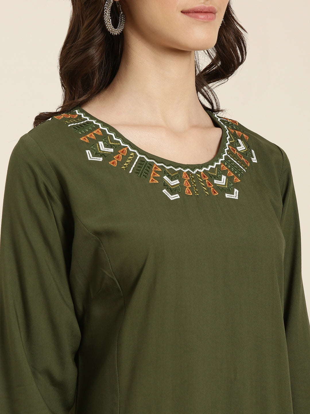 Women's Olive Round Neck Straight Kurta