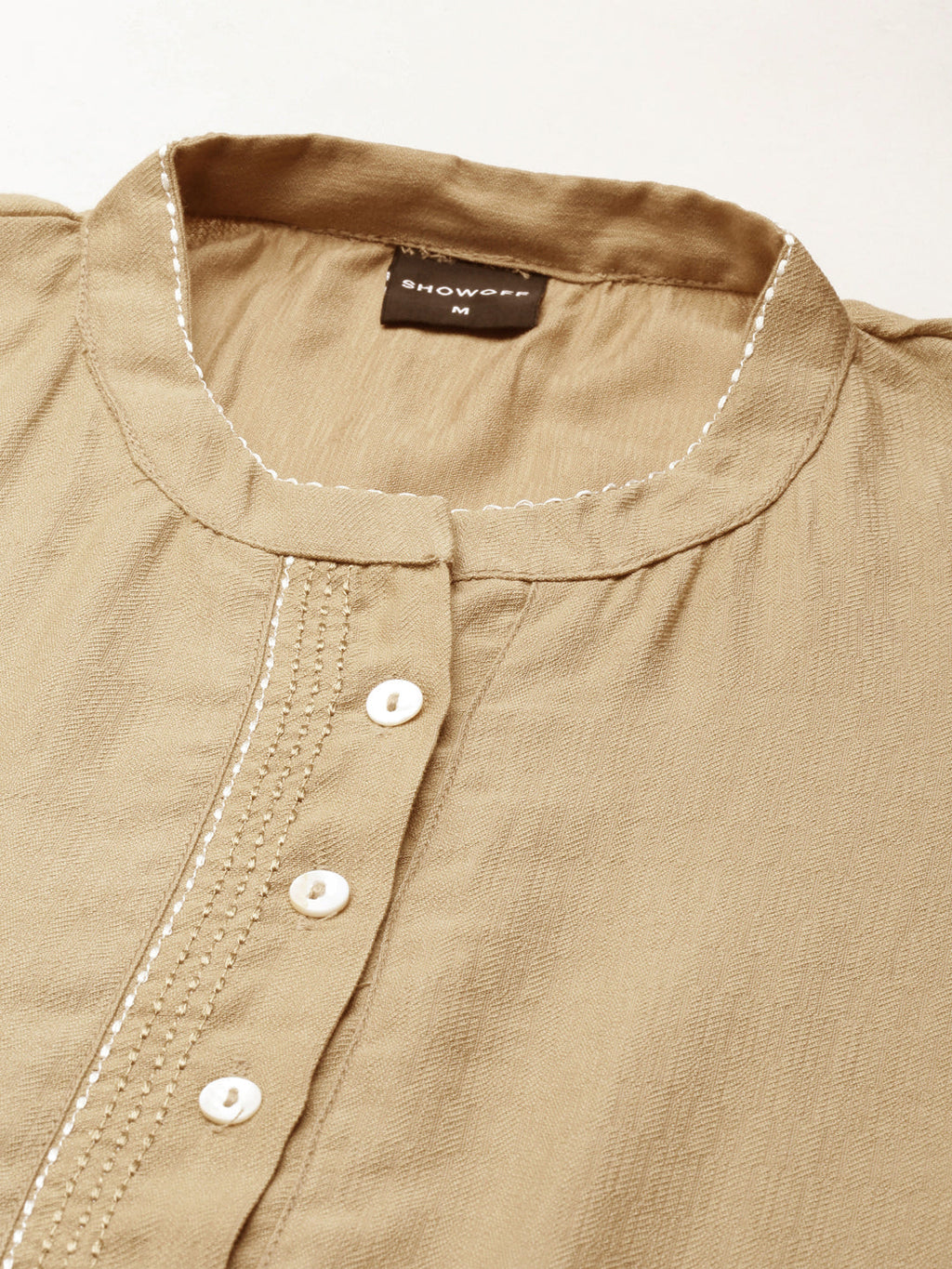 Women's Beige Band Collar Straight Kurta
