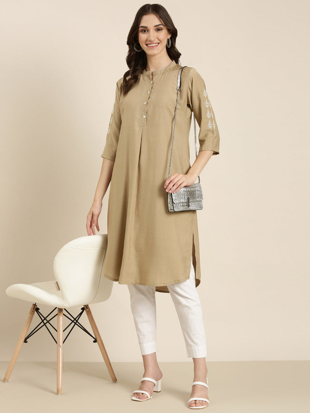 Women's Beige Band Collar Straight Kurta
